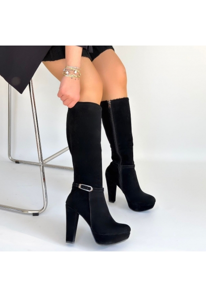 Tekja Siyah Süet Topuklu Çizme