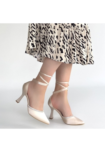 Tenja Bej Saten Bilekten Bağcıklı Topuklu Ayakkabı