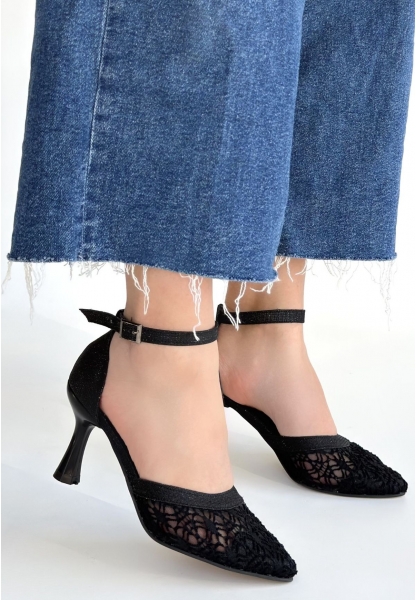 Weja Siyah Cilt Tül Detaylı Simli Topuklu Ayakkabı