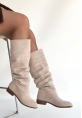 Winda Bej Süet Körüklü Topuklu Çizme