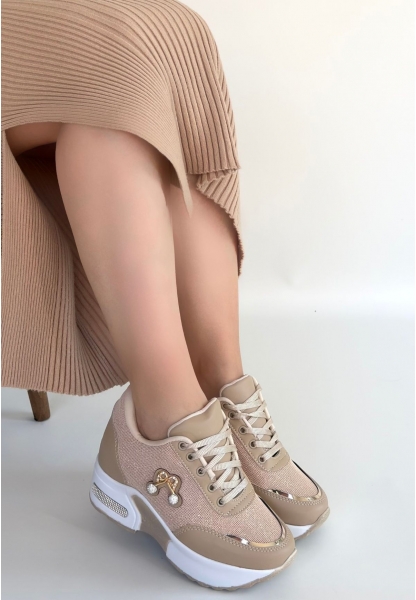 Wody Bej Cilt Simli Bağcıklı Spor Ayakkabı