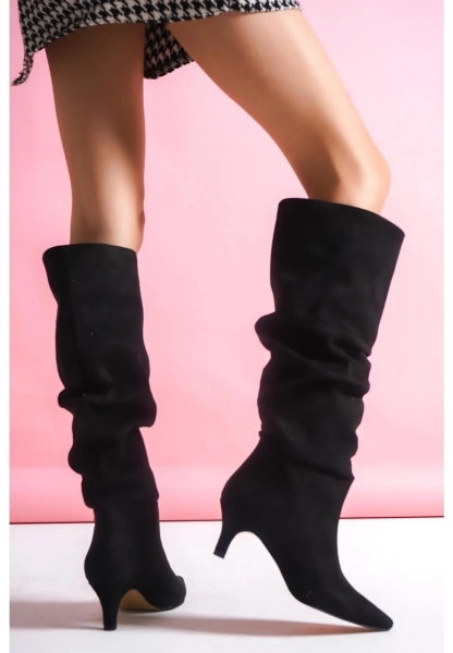 Zelya Siyah Süet Topuklu Çizme